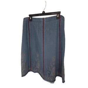 Liz Claiborne Embroidered Blue Denim Skirt XL Y2K Red Accents & Side Zip Closure